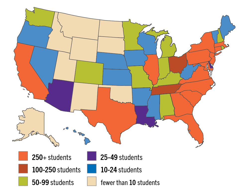 A color-coded chart of the United States shows 2022 undergraduate geographic diversity. 250+ students hail from the east coast states, TX, and IL. CA, OH, and TN each contribute 100-250 students. CO, MN, MI, IN, KY, MO and AL contribute 50-99 students. WA, AZ, WI, RI, D.C., and LA contribute 25-49 students. OR, NV, NE, KS, AR and MS contribute 10-24 students. The remaining states contribute less than 10 students.