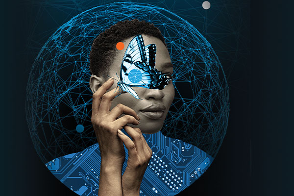 A blue butterfly and a pair of hands partly obscure a Black woman’s face, which is surrounded by blue connected lines enclosed in a circle.