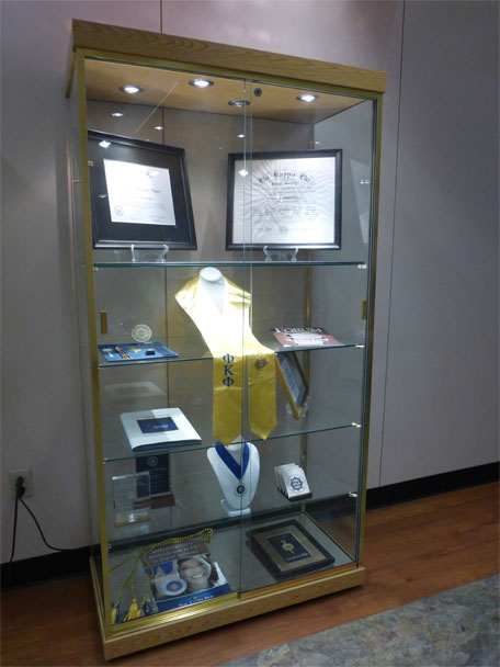 The Phi Kappa Phi display case in the 2nd floor foyer in Brackett Hall at Clemson University, Clemson, SC