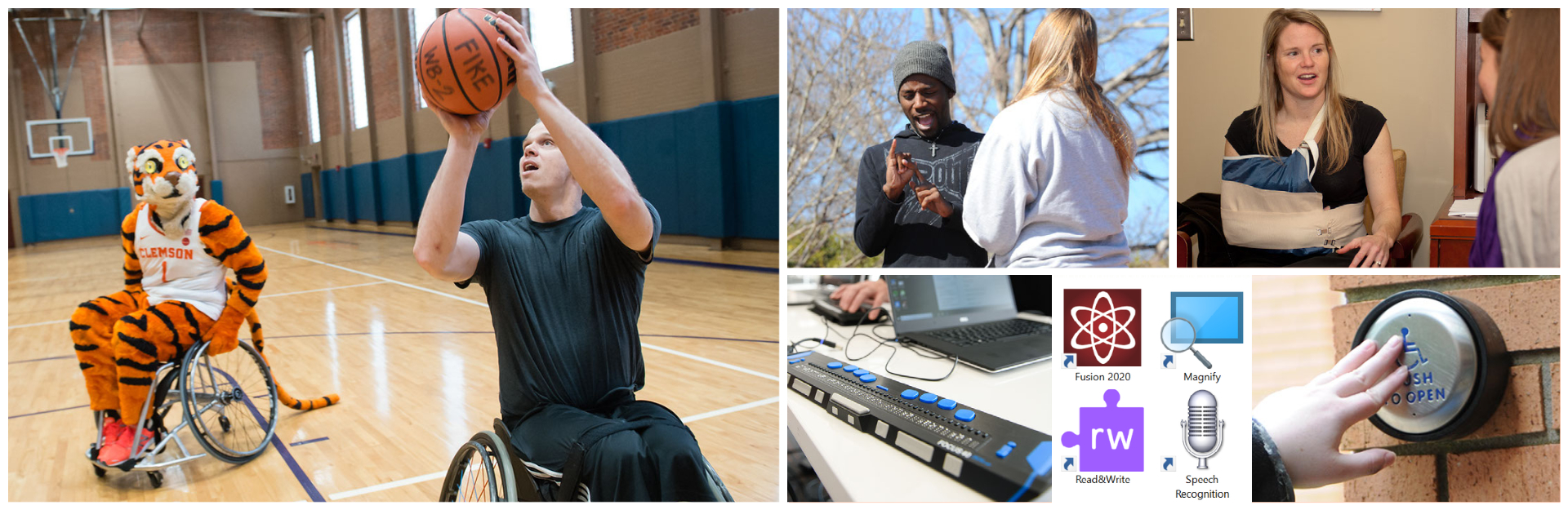 Collage of Clemson students and employees with disabilities engaging in activities, partaking in services, and using assistive technology
