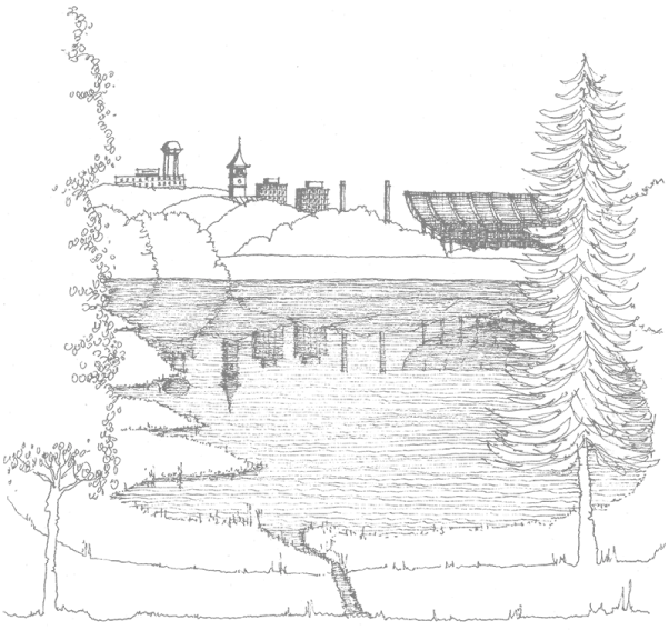 A black-and-white pencil sketch of academic buildings mirrored in a reflection pond.