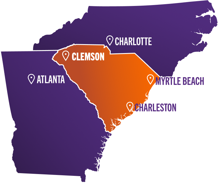 A graphic of state map shapes of North Carolina, South Carolina and Georgia, with the cities of Atlanta, Clemson, Myrtle Beach, Charleston and Charlotte marked in their locations.