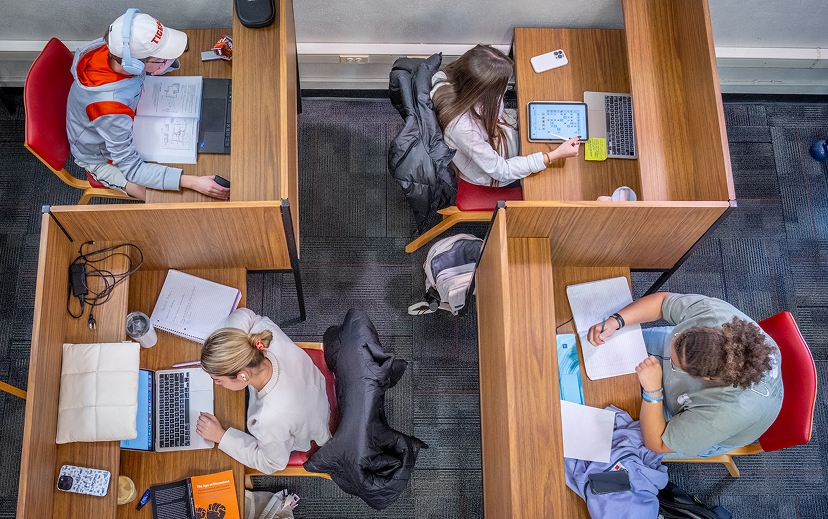 A bird's-eye view of four students studying at cubicle desks in a library.
