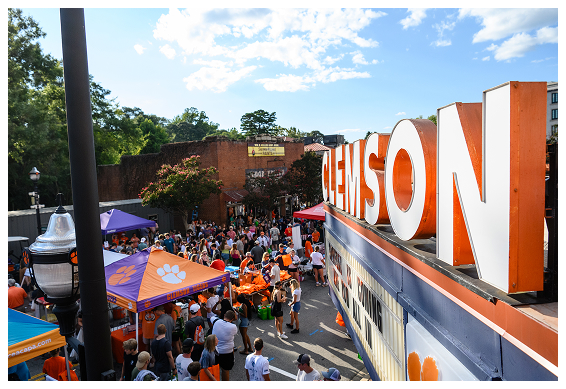 People gather on a street in downtown Clemson for a festival.