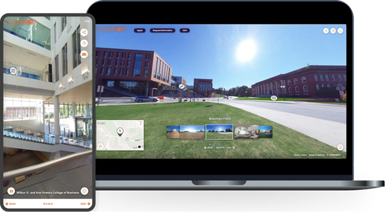 A smartphone screen showing the inside of an academic building and a laptop screen showing the exterior of two academic buildings and a green lawn.