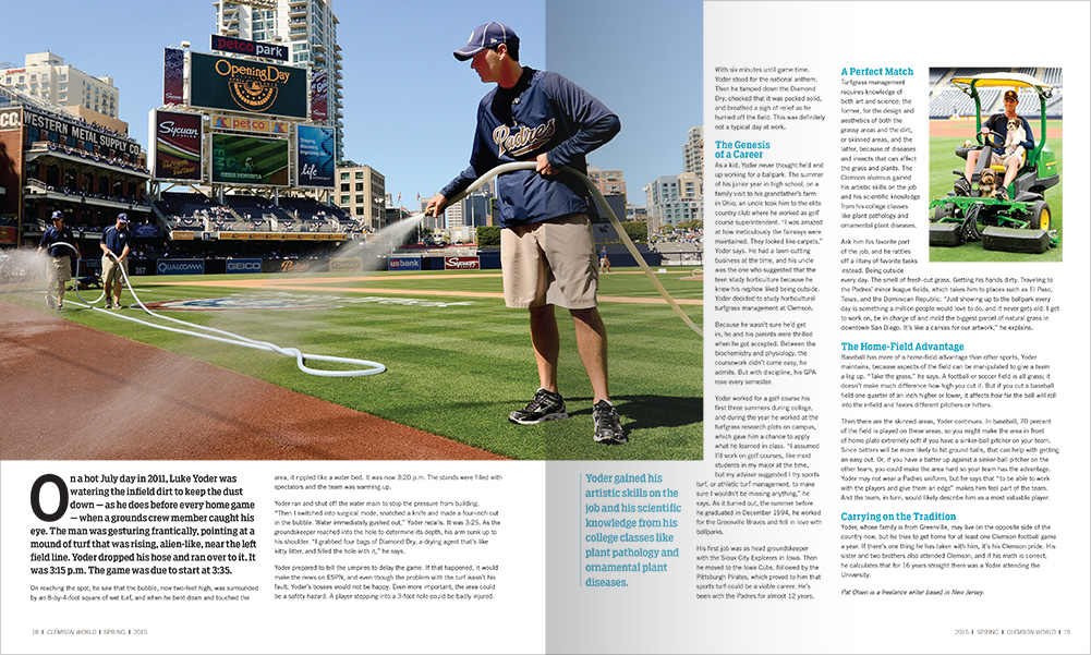 magazine layout featuring images of groundskeeper at baseball field and article text