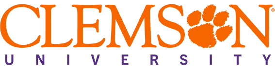 Clemson University Wordmark, orange and purple on white background