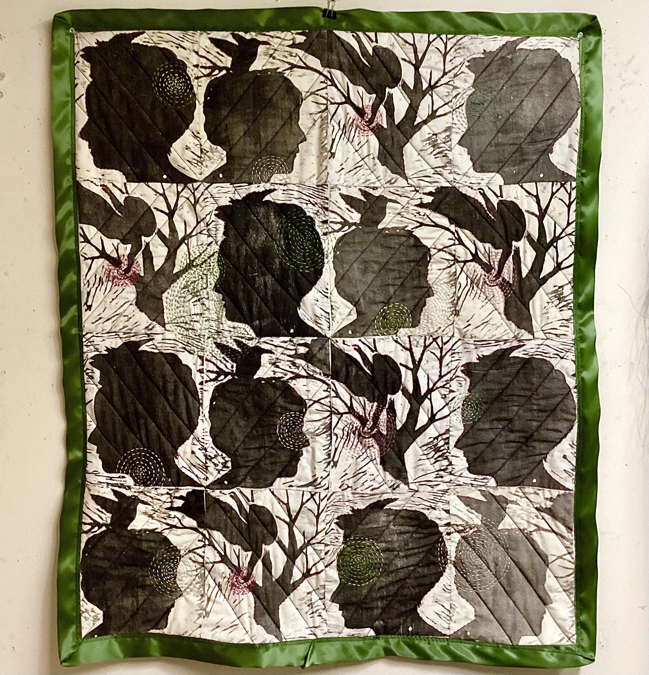 Terri Dowell Dennis | MFA 1990 | Spring | Woodcut on muslin, embroidery, stitching