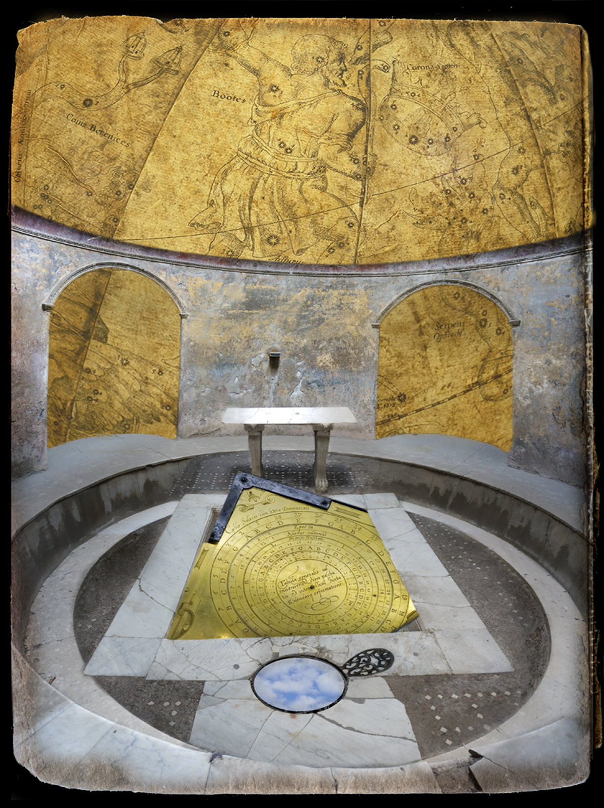 Jacquelyn Leebrick | MFA 1995 | Ptolemy’s Cosmology | Digital collage transfer to cradles birch board