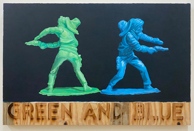 John Wolfer | MFA 1998 | The Dualists | Acrylic paint and laser-etched text on plywood