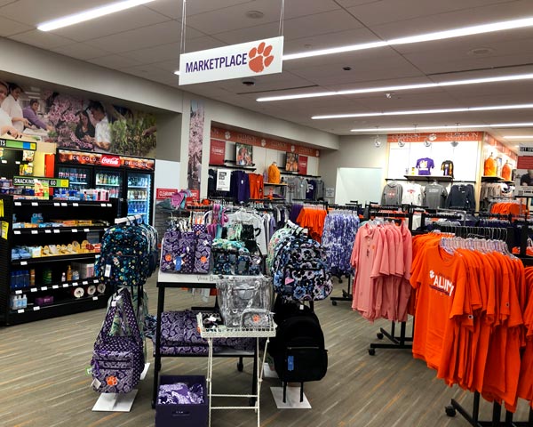 The Clemson University Bookstore marketplace dislpay of Clemson brand apparel and accessories