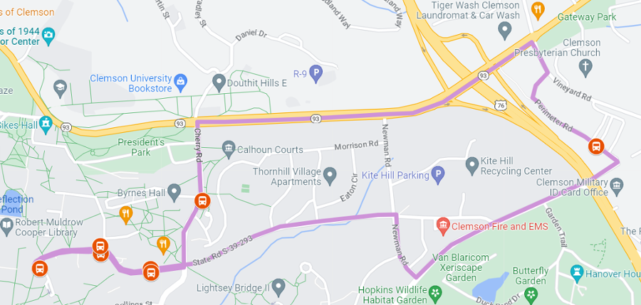 Map of East Park-N-Ride Route highlighted in purple that goes from Hendrix Student Center and out to the P-7 and P-8 lots. 