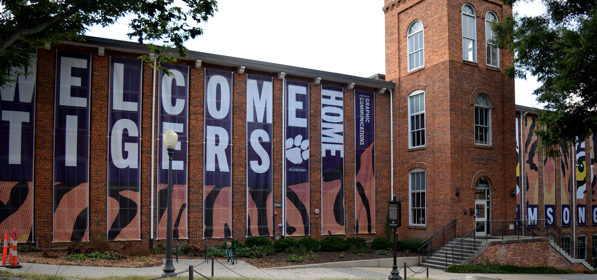 Godfrey Hall with homecoming banners.