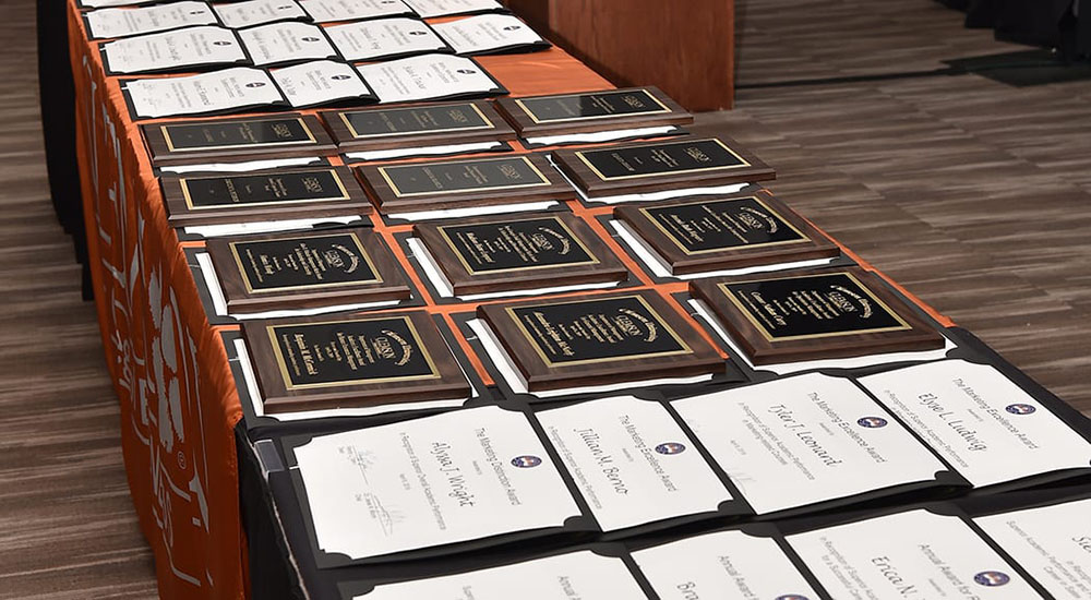 Image of various awards laying on a table. 