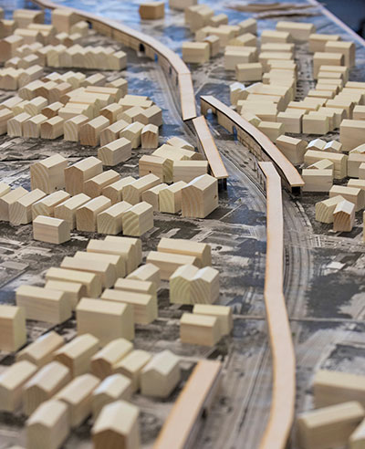 3D model of city housing and transportation.