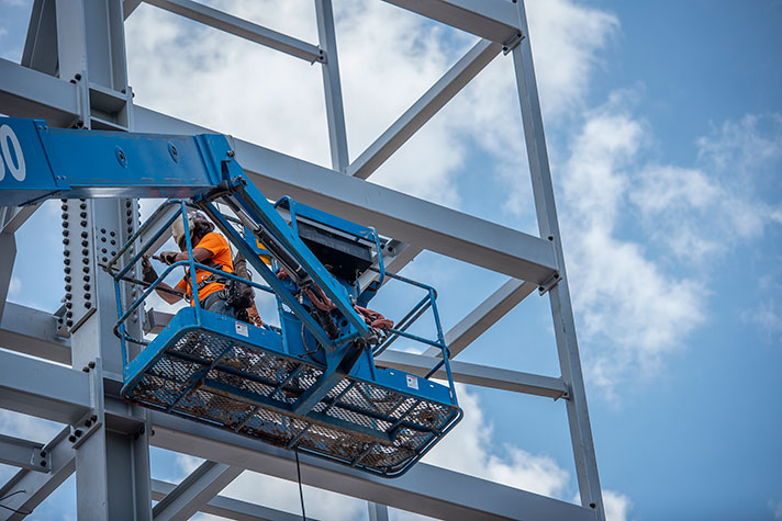 Scaffoding along the exterior of the stadium.