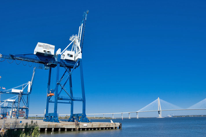 Charleston harbor freight area with bridge in background.