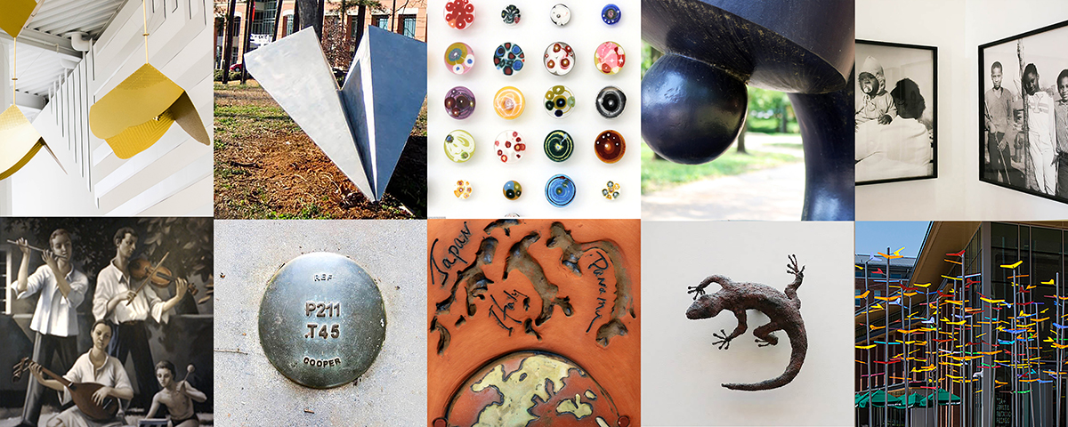 A collage of ten detail images from various works from Clemson’s Public Art collection.