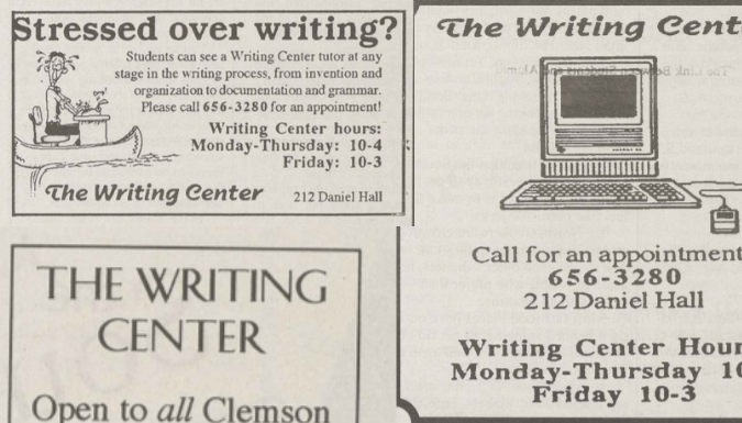 Images from the Clemson Archive showing advertisements for the Writing Center from 1995. One shows an old desktop computer.