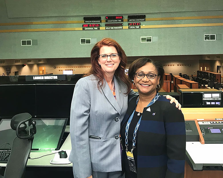 Director of NASA’s Johnson Space Center, Vanessa Wyche ’85, M ’87 and Launch Director Charlie Blackwell-Thompson ’88
