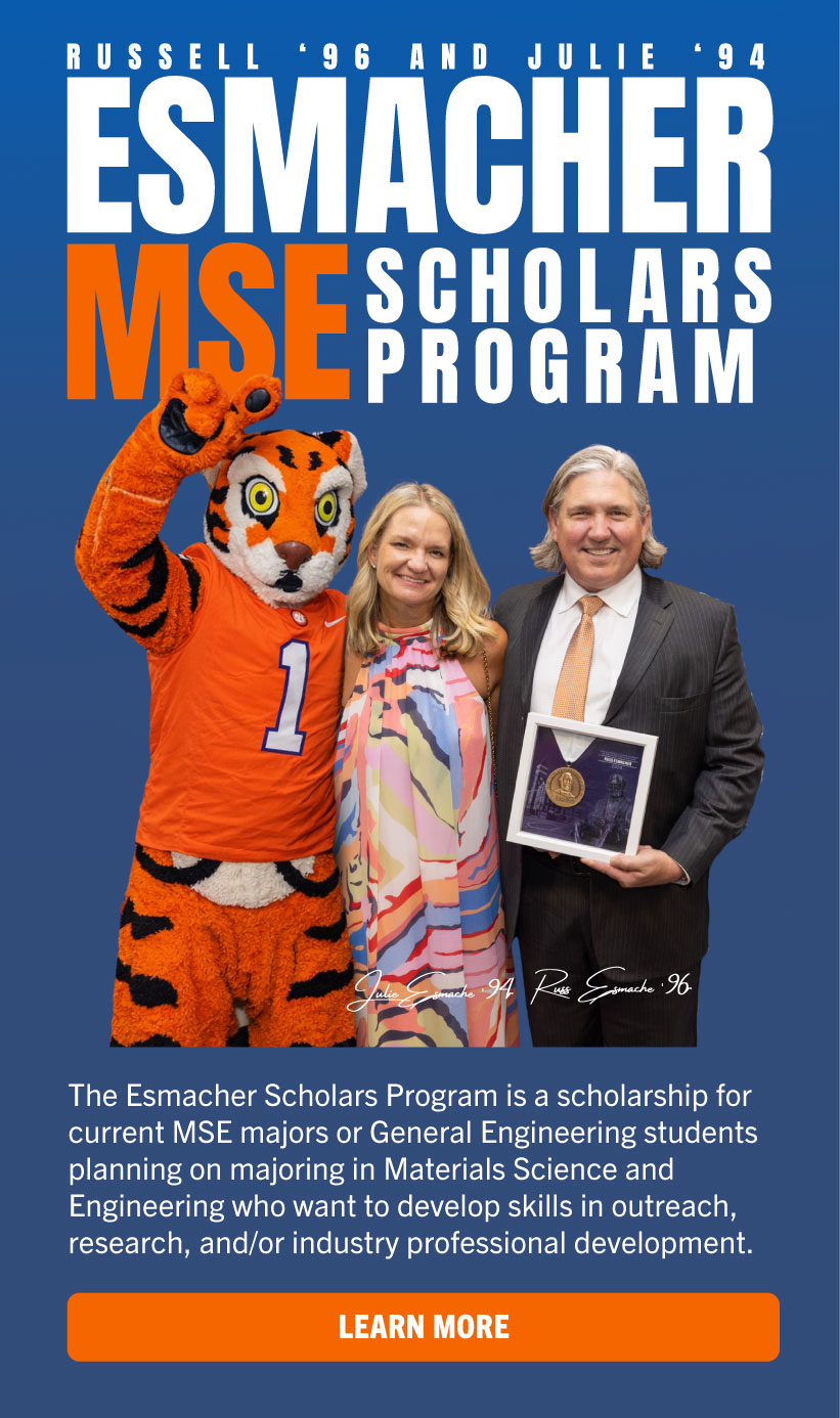 The Esmacher Scholars Program is a scholarship for current MSE or General Engineering students planning on majoring in Materials Science and Engineering who want to develop skills in research or industry professional development.