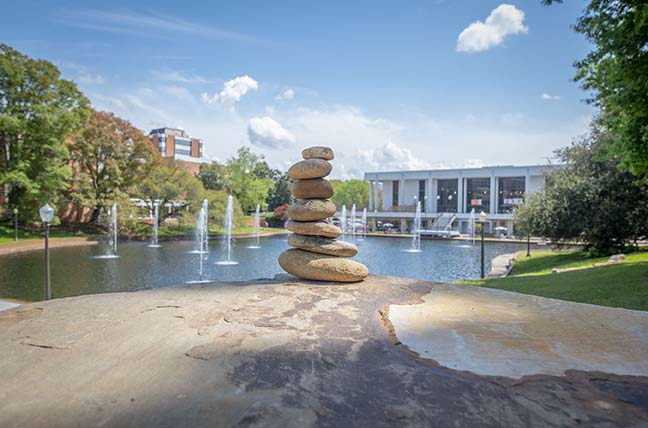 Rocks piled in front of the Clemson Library pond, signifying wellness.