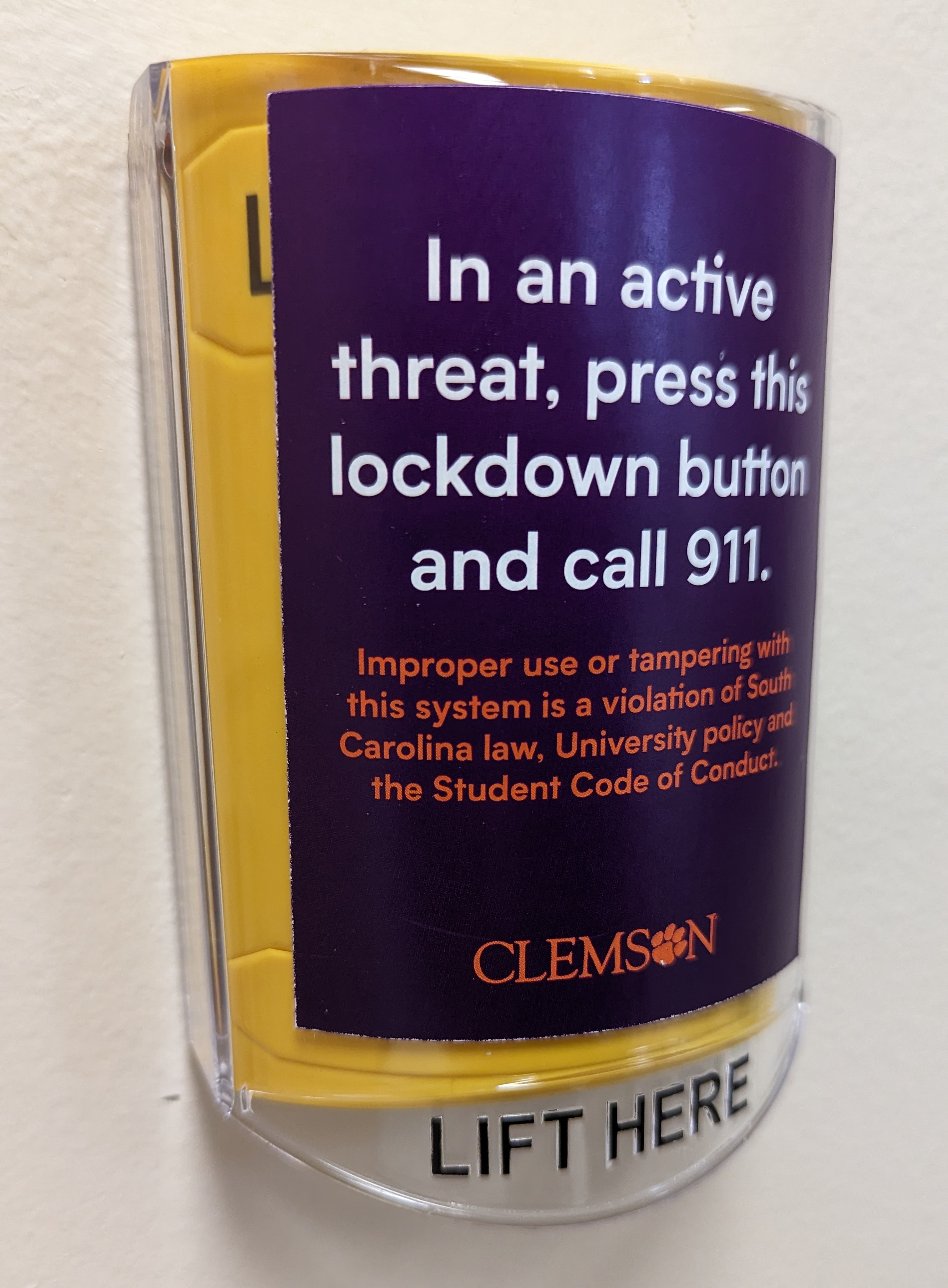 A lockdown button in a classroom in one of the buildings on the Clemson campus.