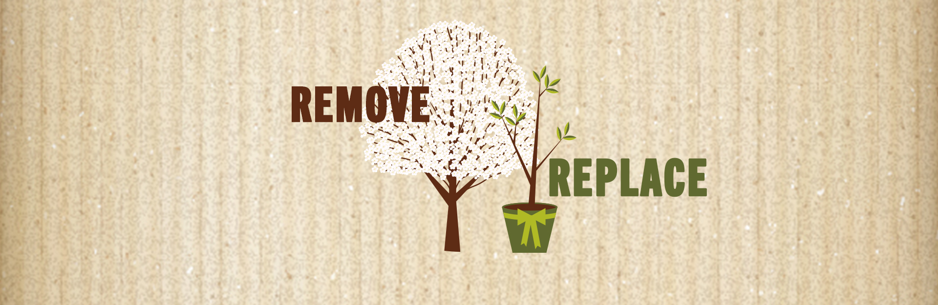 illustration of a bradford pear tree and a young potted tree, word remove and replace