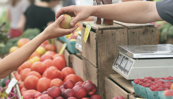 adult arm reaching to give a youth arm an apple