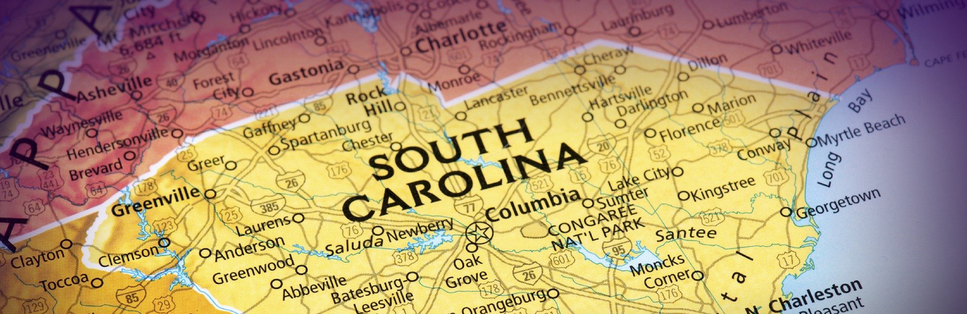 colorful map of south Carolina identifying roads and towns