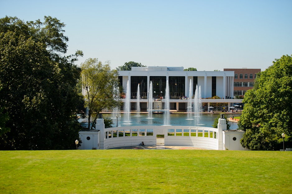 A view of the library and library pond from the amphitheater