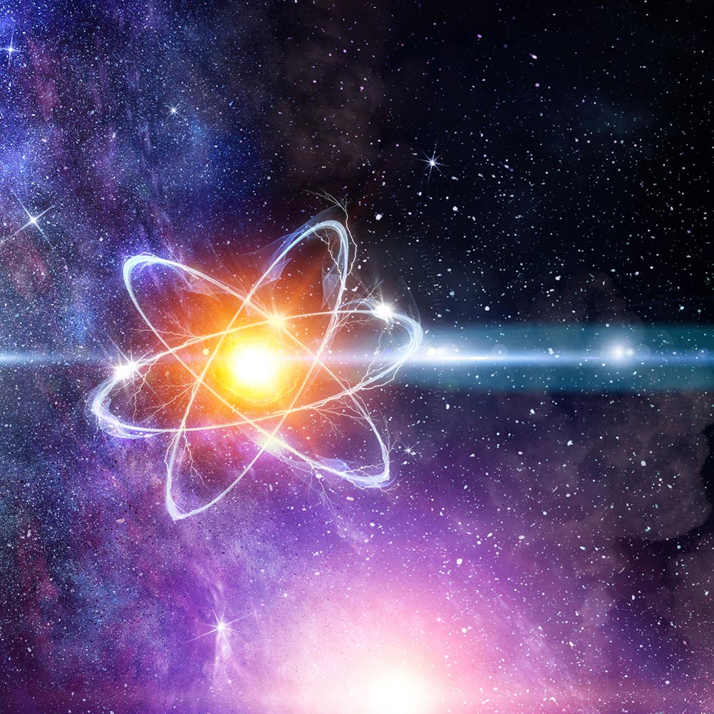 Decorative image of an atom in space