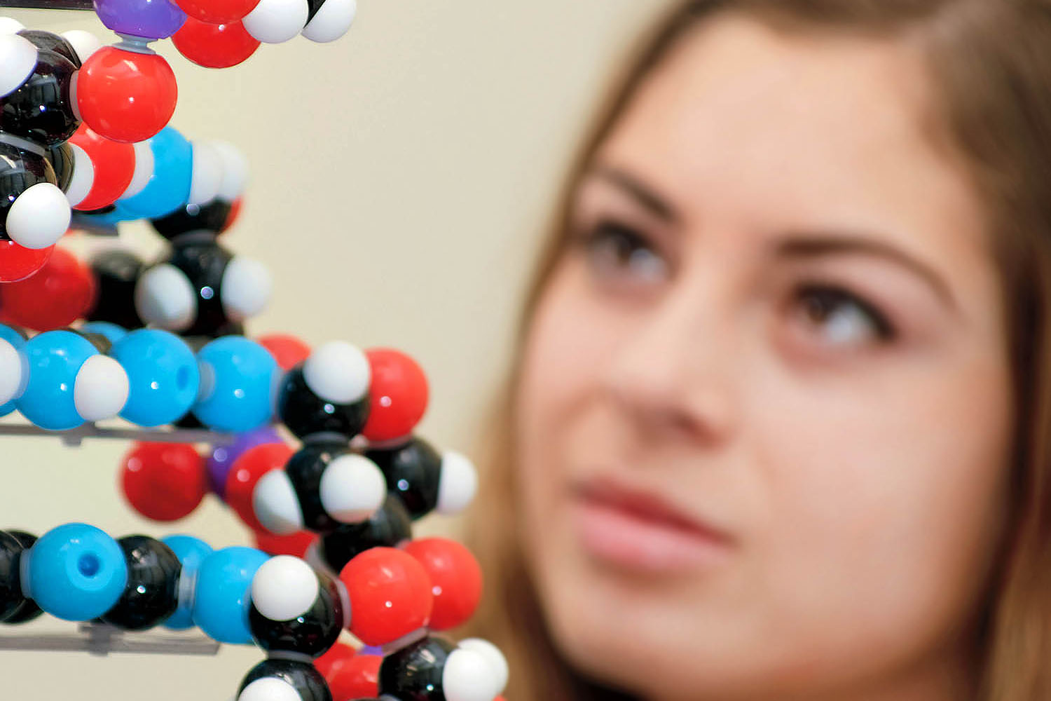 A closeup of a model of DNA with colored balls, with a female blurred out behind it.