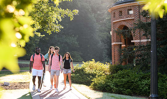 Male and female students walk through lush vegetation in President's Park during the late afternoon.