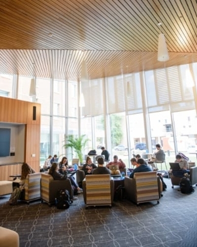 A group of honors college students gather in a dorm common area to study