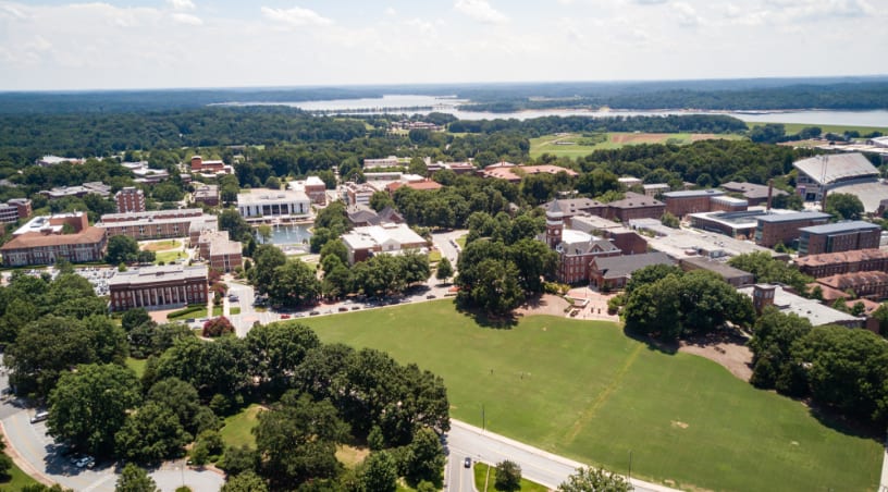 An aerial shot shows Bowman Field, Clemson's campus and the surrounding area.