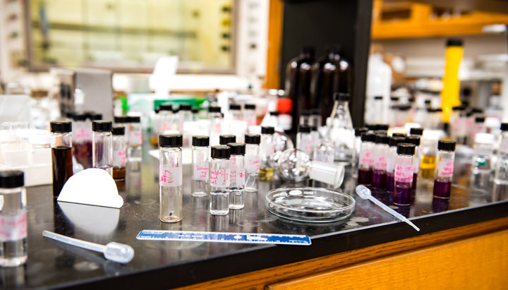 Small cylinder glass bottles with white labels and pink written lettering sit on a black wooden tabletop in a laboratory. A petri dish, ruler and two plastic syringes are also pictured among the bottles. 