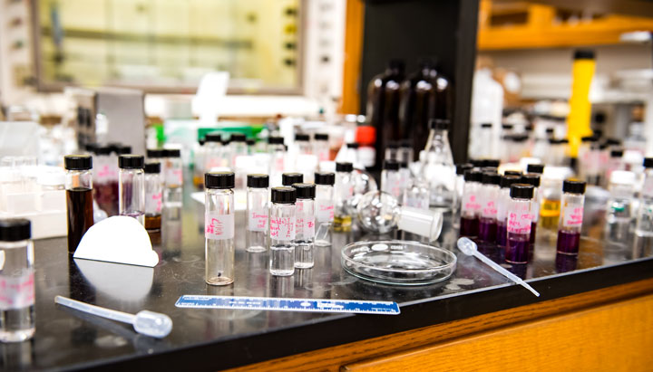 Small cylinder glass bottles with white labels and pink written lettering sit on a black wooden tabletop in a laboratory. A petri dish, ruler and two plastic syringes are also pictured among the bottles.