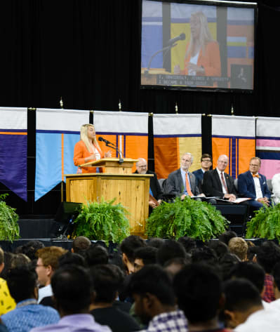 A Clemson student gives a speech during convocation.