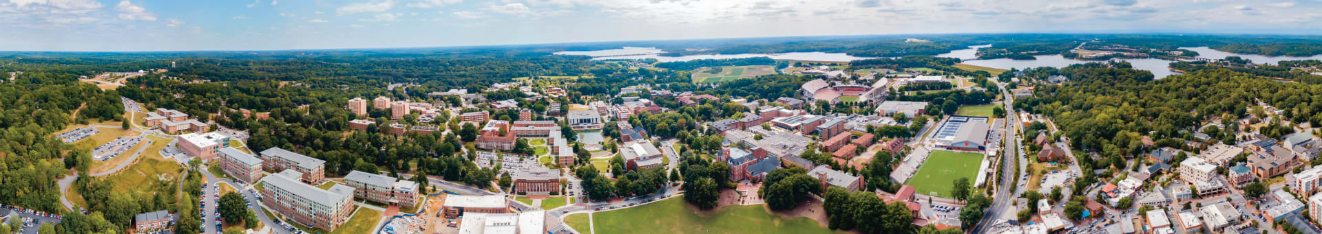 Aerial shot shows campus, Lake Hartwell and the areas surrounding Clemson, SC.