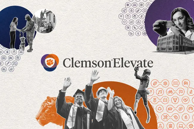 Icons related to sports, school and industry make up the background of a collage with cut-outs of graduates waving, a football player catching a pass, a female scientist examining a paper, the life sciences building, a military member with a service dog, students building a house and the Clemson Elevate logo.