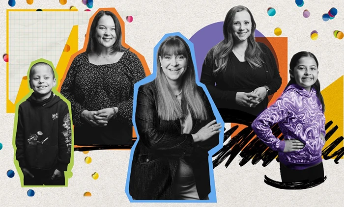 Two children and three women smile in a colorful collage with scattered hole-punched paper, bold shapes and outlines, black marker scribbles, and a paper background of notebook and graph paper.