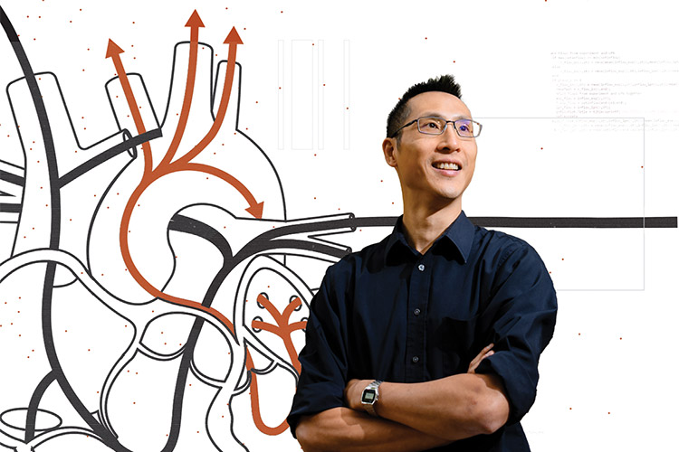 A man wearing a blue button-down shirt stands with his arms folded and looks off to the right with a line illustration diagram of the human heart system in the background.