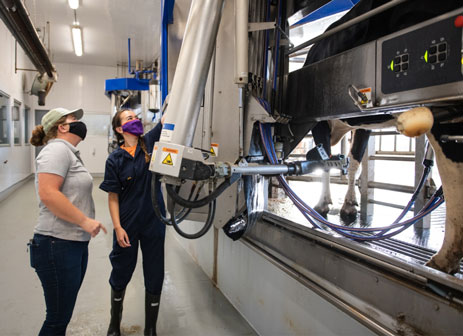 Marena works with a colleague to operate machinery inside a Clemson research facility.