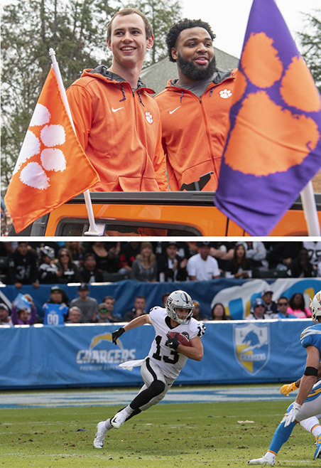 This is two photos stacked on top of each other. The top image is of Hunter and a teammate standing in a car with the top open during a parade. The bottom image is Hunter running after a reception as a Las Vegas Raider.