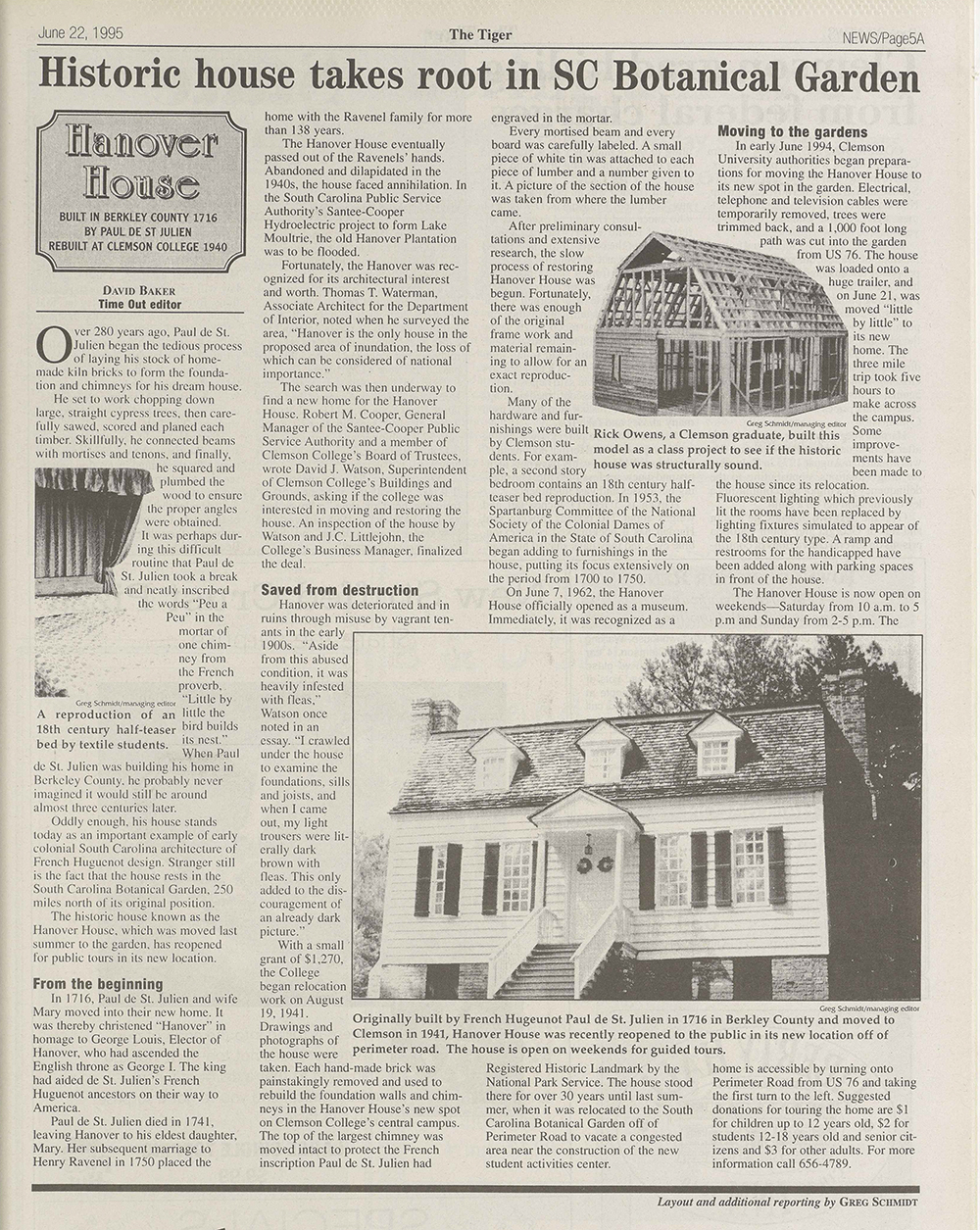 A screenshot of the Tiger Volume article about the Hanover house moving to the Botanical Gardens.