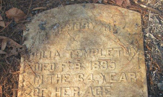 A light colored fallen gravestone with embossed lettering surrounded with pine needles and leaves. The words are hard to make out.