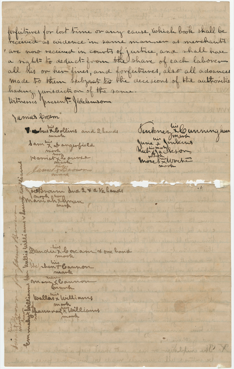 The last page of the 1871 sharecropper contract showing people's names and Xs marking signatures.