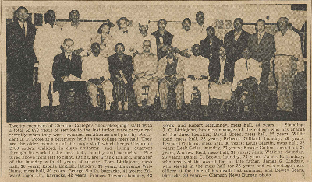 An image from the 1953 Tiger newspaper showing African American employees who worked in the laundry, mess hall, and barracks.