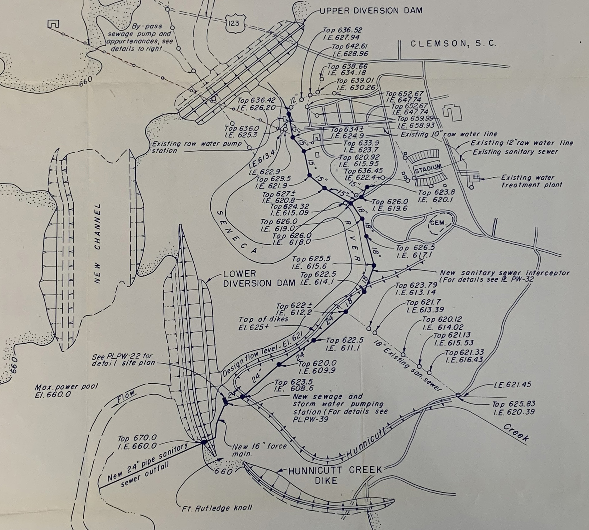 Site plan for the dikes on campus in 1960.